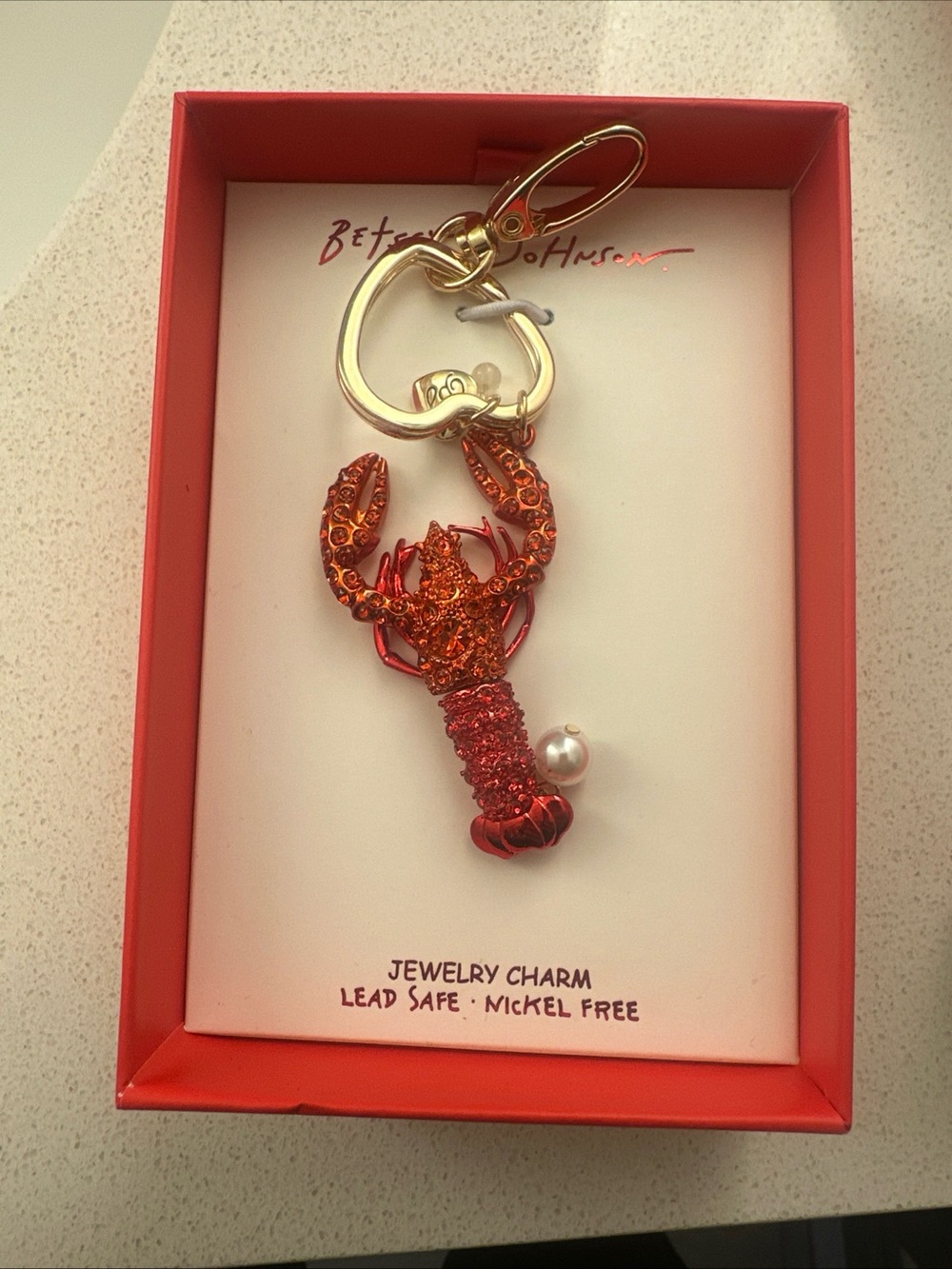 Betsey Johnson Red Lobster Keychain Charm with Pearl Accent